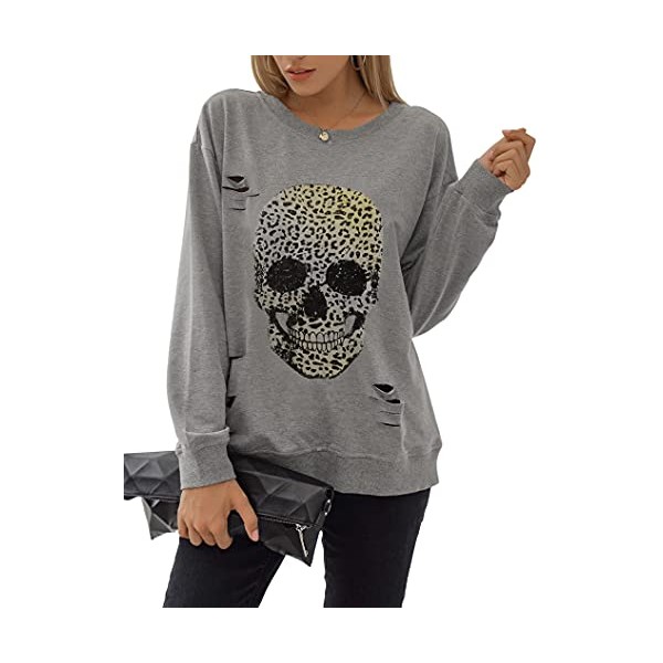 Blooming Jelly Women's Crewneck Sweatshirt Skull Graphic T Shirts Long