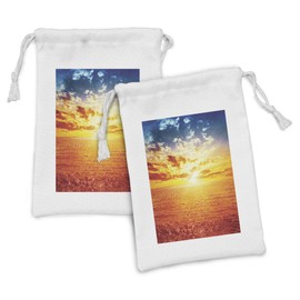Lunarable Landscape Fabric Pouch Set of 2, Sunset over the Sea in Vibrant Golden Yellow Horizon Honeymoon Travel, Small Drawstring Bag for Toiletries Masks and Favors, 9" x 6", Blue Yellow Orange