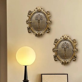 Vintage Key Wall Sculptures 2 Pack Antique Wall Decor Hallway Wall Art for Home Hand Painted Decoration with Embossed Key Design Vintage Decor for Living Room Bedroom Gallery Unique Gifts (Gold keys)