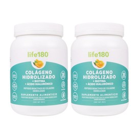 Life180, Colágeno Hidrolizado en Polvo, Sabor Naranja, Paquete de 2 piezas de 450gr c/u, 60 Porciones, 5gr de Colágeno por Porción, 900 gramo, 2
