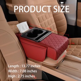 HZEL Car Center Console Cover, Leather Vehicle Armrest Cushion with Storage Bags, Cup Holder ＆ Tissue Box, Waterproof Auto Interior Arm Rest Seat Box Pad, Universal Fit (Wine Red)