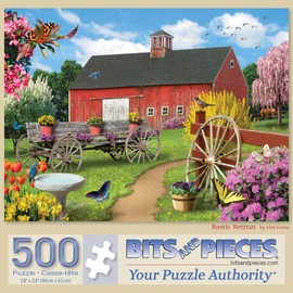 Bits and Pieces – Rustic Retreat Jigsaw Puzzle for Adults by Alan Giana, Colorful Farm Scene with Red Barn, Tulips, Butterflies, Birds, and Grazing Horse (500 Piece Puzzle)