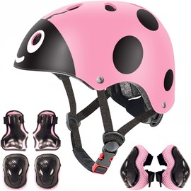 Adjustable Helmet for Children and Protective Equipment, Knee Pads, Elbow Pads, Wrist Guards (Pink Ladybug, S (3-8 Years Old))