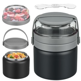 Thermal Container for Food 400 ml, Thermal Bowl with Lid, Stainless Steel Warming Container with Spoon, Thermos Food Leak-Proof, Thermal Lunch Box for Soups (400 ml Black)