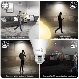 AmeriTop Motion Sensor Light Bulb- 4 Pack, 10W(60W Equivalent) 806lm Motion Activated Dusk to Dawn Security LED Bulb; UL Listed, A19, E26, Auto On/Off Indoor Outdoor Lighting (2700K Soft White)