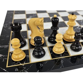 4 Queens Opposite Tops 3 3/4 Inch King Staunton Black Boxwood Chess Men Set with 16 1/2 inch Black and White Faux Marble Alpha Numeric Board