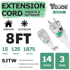 YOJOE Indoor Outdoor Extension Cord with Lighted End, 3 Prong 15A Weatherproof Power Cord, 14 Gauge Heavy Duty 8 ft White Extension Cord for Garage, Garden and Home, 14/3 SJTW UL Listed