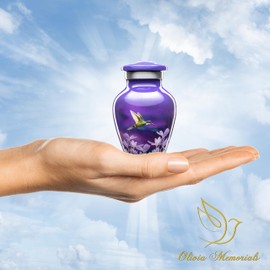 Olivia Memorials Small Urn for Ashes Women Men Adult | Mini Hummingbird Urn for Female Male Human Purple Urn Keepsake Carefully Handcrafted Funeral Decorative