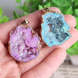 Comidox 2Pcs Geometric Irregular Rock Druzy Stone Pendant Necklaces Vintage Crystal Agate Geode Slice Necklace Charm Purple Blue