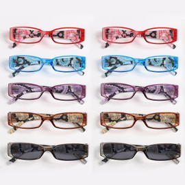 LUR Tiger Patterned Temples Reading Glasses for Women 10 Pack Readers Include Reading Sunglasses +1.50