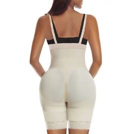 YIANNA Shapewear Women's Tummy Control Body Strong Shaping Bodice Body with Leg Shaper Body Shaper Fajas Colombianas, beige front hook