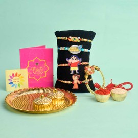 SATVIK Set of 5 – 2 Bhaiya Rakhdi + 1 Bhabhi Lumba + 2 Rakhi for Brother | Traditional Handmade Rakhi Set with Puja Plate, Roli Chawal, Greeting Card & Sita-Ram Sticker | Raksha Bandhan (Design 4)