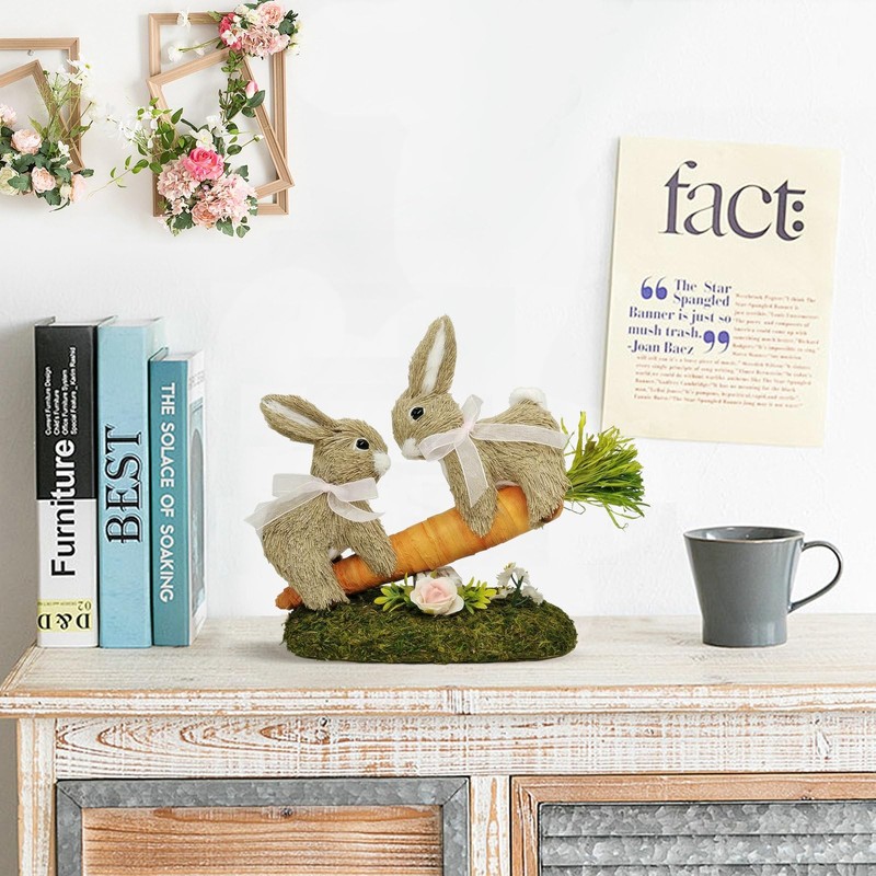 naturevibe 8.9 Inches Sisal Easter Bunny Decor on Carrot Seesaw,