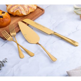 Juego de cuchillos y servidores para tartas de boda con tenedores, juego de corte de pasteles grabado para boda, aniversario de Navidad, compromiso (dorado)