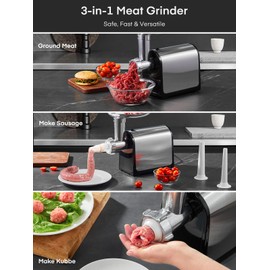 Electric Meat Grinder, 3200W Max Meat Grinders for Home Use, HOUSNAT 3 in 1 Heavy Duty Meat Mincer with 2 Blades and 3 Plates, Sausage Stuffer Tube & Kubbe Kit, Stainless Steel