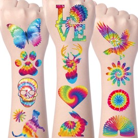 Yoyuspy Tie Dye Temporary Tattoos - 200+ Tie Dye Birthday Party Favors Supplies Decorations Colorful Cute Fake Tattoos Gifts for Boys Girls Tie Dye Temporary Tattoo Stickers Set School Prizes Rewards
