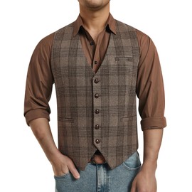 Enlision Waistcoats for Men Check Tweed Vintage V Neck Regular Fit Beige Waistcoat Wool Plaid Wedding Formal Casual 2XL