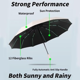 WHYJJQIAN Automatic Folding Windproof Umbrella- Travel Umbrellas Compact for Backpack、Large Size Uv Protection Golf Umbrella、Portable Car Umbrella for Rain and Sunny(Mint Green)