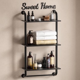 Tinpin Bathroom Shelves Wall Mounted, Rustic Farmhouse Pipe Shelves, Walls Shelf 3-Tier, Industrial Pipe Shelving, Floating Shelf Wall Decor for Bathroom, Kitchen, Bedroom, Living Room 17.3in Black