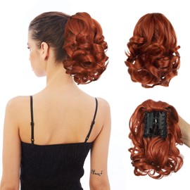 HEWEICSY Ponytail Extension, Clip on Ponytails for Women, 9" Claw Clip in Short Curly Wavy Pony Hair Extension for Women - Auburn
