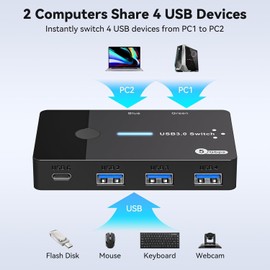 USB 3.0 Switch 2 Computers Keyboard Mouse Switcher USB A Hub Switches Selector for 2 PC or Laptop Share 3 USB A Ports and 1 USB C Port with Extended Controller