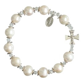 Sine Cera Genuine Pearl 1 Decade Catholic Rosary Bracelet 10mm Beads, Pewter Crucifix and Miraculous Medal for Women