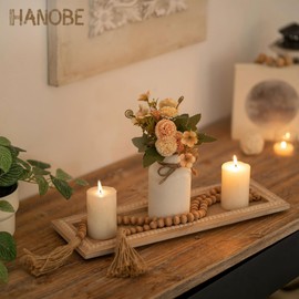 Hanobe Decorative Wood Candle Tray: Rustic Rectangle Beaded Centerpiece Table Decorations Farmhouse Long Narrow Tealight Candle Holders Plate for Dining Room Coffee Table Decor