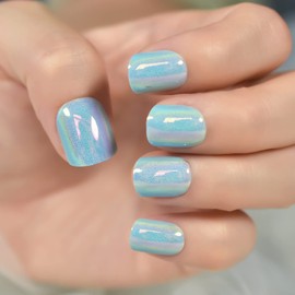 IKISKT Press On Nails - Baby Blue Sky Color | Metallic Mirror Chrome l UV Medium Square False Fake Nails, Reusable Glue | 10 Sizes - 24 Nail Kit