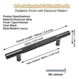 Cjueiom 6 Pack Matt Black Cupboard Handles 96mm Hole Center T Bar Handles, Knurled Drawer Handles Long Wardrobe Door Handles Pulls with Diamond Pattern, Kitchen Cabinet Handles for Bedroom Drawer