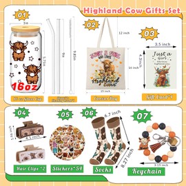 Hqvbvc 8Pcs Highland Cow Lover Gifts Set for Women 16oz Highland Cow Tumblers Cup with Lids Keychain Socks Bags Hair Clips Stickers Cow Themed Gifts Highland Cow Stuff for Birthday gifts (Pink)