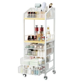 HapiRm Makeup Organizer Storage Cart - Floor Skincare Make Up Organizers with 4 Drawers, Rolling Makeup Cart Vanity Organizer Cosmetics Display Cases Holder for Skin Care Perfume Nail Polish