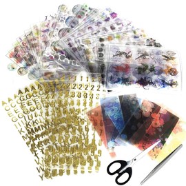 Woohome 41 PCS Resin Stickers Transparent Decorate Stickers Kit, 39 Sheets Resin Stickers and Scissors Tweezers for Silicone Resin Molds, Transparent Decorate Stickers for UV Resin Craft