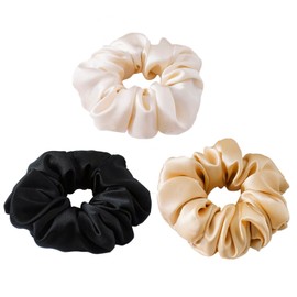 100% Silk Scrunchies for hair, HapHeara Hair Scrunchies 3 Pack, 100% Pure Mulberry Silk Hair Ties Hair Bands for Women, Girls, Thick Curly Hair No Crease Soft & Less Pulling-Black, Apricot, Champagne