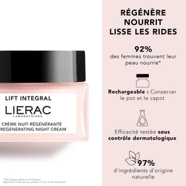 Lierac Lift Integral Regenerating Night Cream 50 ml Anti-Ageing Face Care Smooths Wrinkles Tightens Skin Structure with 97% Natural Ingredients for All Skin Types and Refillable Jar