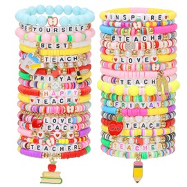 40 Pcs Teacher Bracelets Stretch Stackable Elastic Layering Friendship Bracelet, Boho Summer Beach Jewelry Back to School Teacher Appreciation Gifts