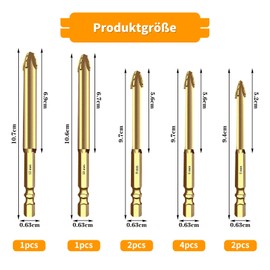 Tile Drill Bit Set 5/6/8/10/12 mm with 1/4 Inch Hex Socket, Slanted Head Carbide Drill Bit for Ceramics, Tiles, Brick Wall, Marble, Plastic, Wood, Masonry, Pack of 10