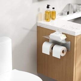 FORIOUS Toilet Paper Holder with Shelf, 304 Stainless Steel Wall Mount Commercial Toilet Paper Dispenser, Double Tissue Roll Holder for Bathroom, Brushed Nickel