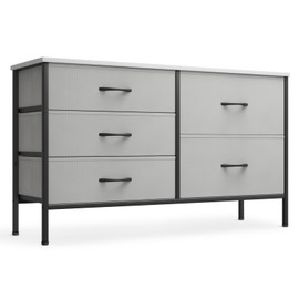 Athena Collection 5 Drawers Dresser for Bedroom, Wide Chest of Drawers TV Stand with Metal Frame, MDF Top, Fabric Dresser for Living Room, Hallway, 39.5" L x 12" W x 21.5" H, Gray