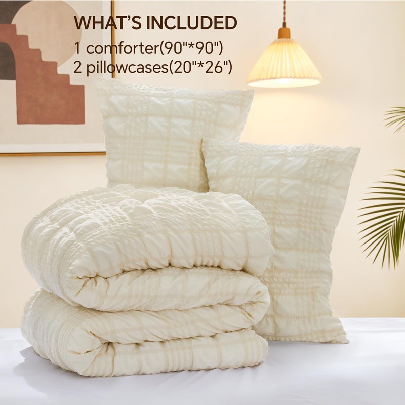 BEDELITE Queen Comforter Set, Seersucker Bedding Set 3 Pieces, Cream