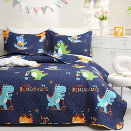 JSD Blue Sports Dinosaur Kids Quilt Set Twin Size, Microfiber Printed Bedspread Coverlet with Pillow Sham, Soft Lightweight Summer Quilted Blanket