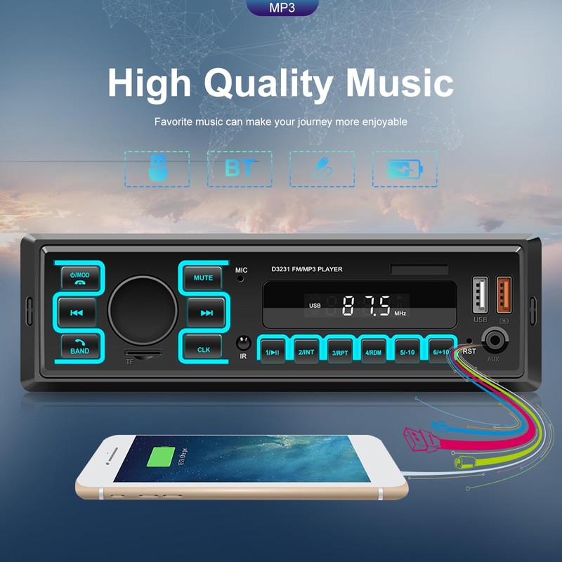 CAMECHO Single DIN Car Stereo with Bluetooth 5.1, 1 Din