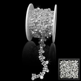 Yhsheen 3 Yards Rhinestone Trim Chain with 100pcs Sew on Rhinestones, Crystal Rhinestone Trim Ribbon Applique by The Yard for DIY Dress Wedding Party Christmas Costume Accessories(Silver-2)