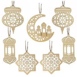Ramadan Decorations for Home, 7pcs Wooden Pendant Moon Star Wind Light Shape Eid Decorations Eid Ramadan Decoration for Outdoor Home Ramadan Ornament Mubarak Eid Decorations