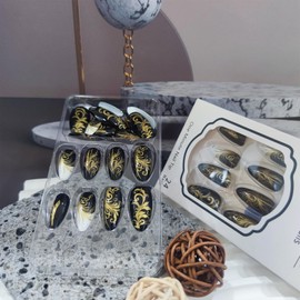 Gold Leaves Acrylic Medium Almond Fake Nail White French Press on Nails 24Pcs Glossy Silver Glitter False Nails Curve Line Stick on Fingernails Gold Feather Gel Glue on Nail for Coquette Women Girls