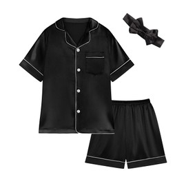 cenozo Pyjamas Girls Boys Silk Set with Headband Buttons Pyjamas Sleepwear Lounge Wear Clothing Set, black