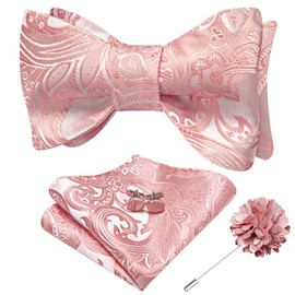 Dubulle Mens Self Tie Bow Ties and Lapel Pin Set Light Pink Paisley Suit Bowtie for Men Handkerchief Cufflinks Set Wedding