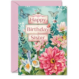 Sister Birthday Card - Nature Floral Garden - Beautiful Happy Birthday Card for Sister from Sister Brother, A5 Female Floral Bday Greeting Cards