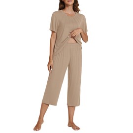 POKWAI Women's Pajama Set Comfort Short Sleeve and Capri Pants Pajama Set Soft Two Pieces Pajama Pants Khaki