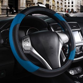Leather Car Steering Wheel Cover, Non-Slip Car Wheel Cover Protector Breathable Microfiber Leather Universal Fit for Most Cars (Blue-2)