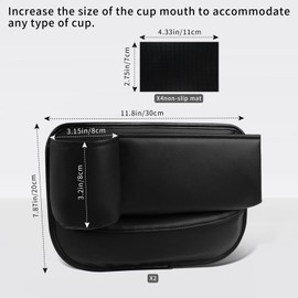 2 Pack car Leather Cup Holder Gap Bag, 3.2 inch Cup Holder car seat Gap Filler Organizer, for Storing Mobile Phones, Keys, Sunglasses, Cards, Comes with Anti-Slip pad(Driver + Passenger, Black)